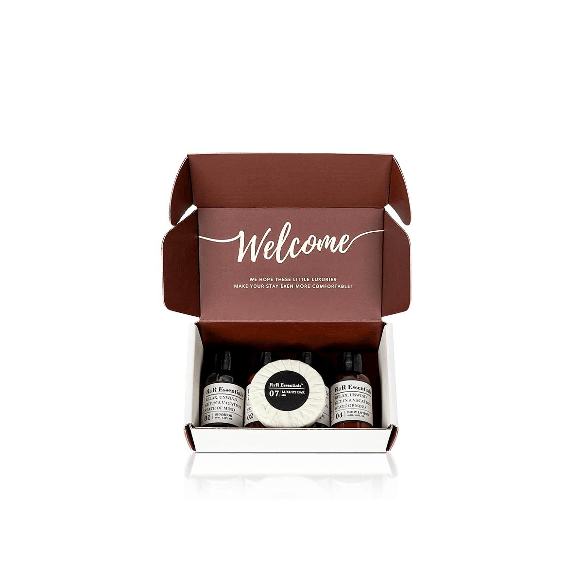 Custom hotel amenity boxes with fitted compartments for toiletries and welcome items, made for polished guest presentation.