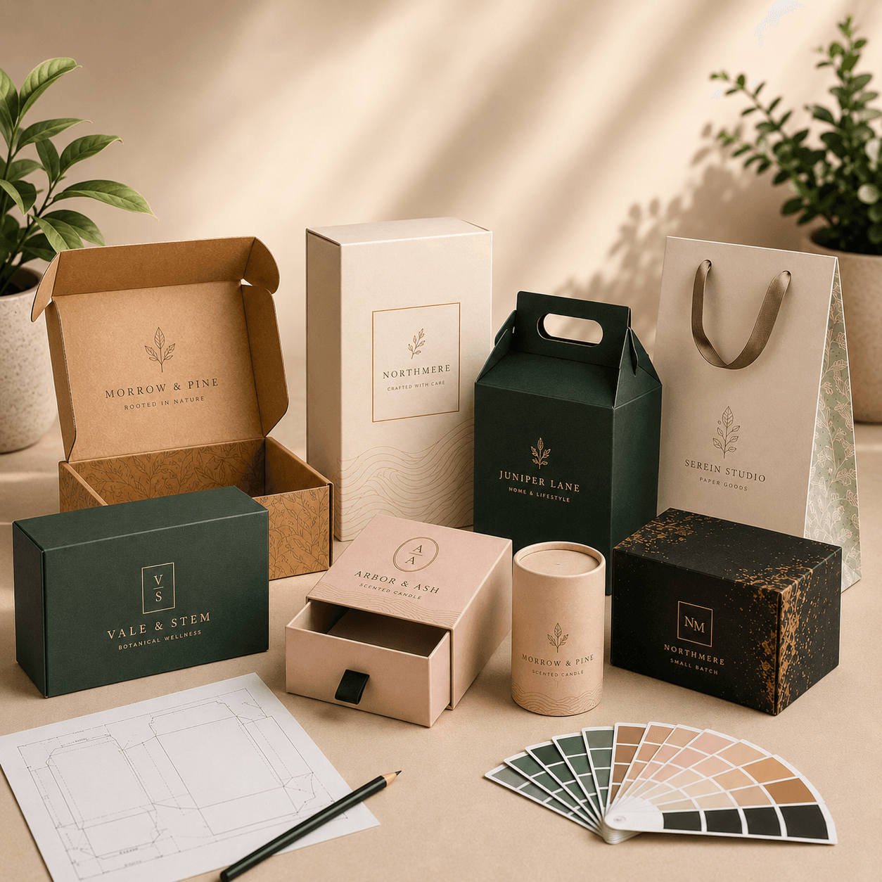 Premium custom boxes, paper bag and tube packaging arranged in an elegant branded studio display.