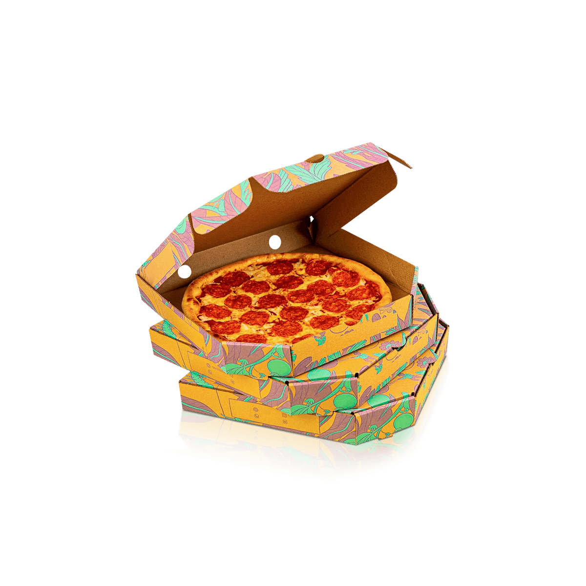 Custom pizza boxes in corrugated board with vented lids for heat retention, stack strength and delivery protection